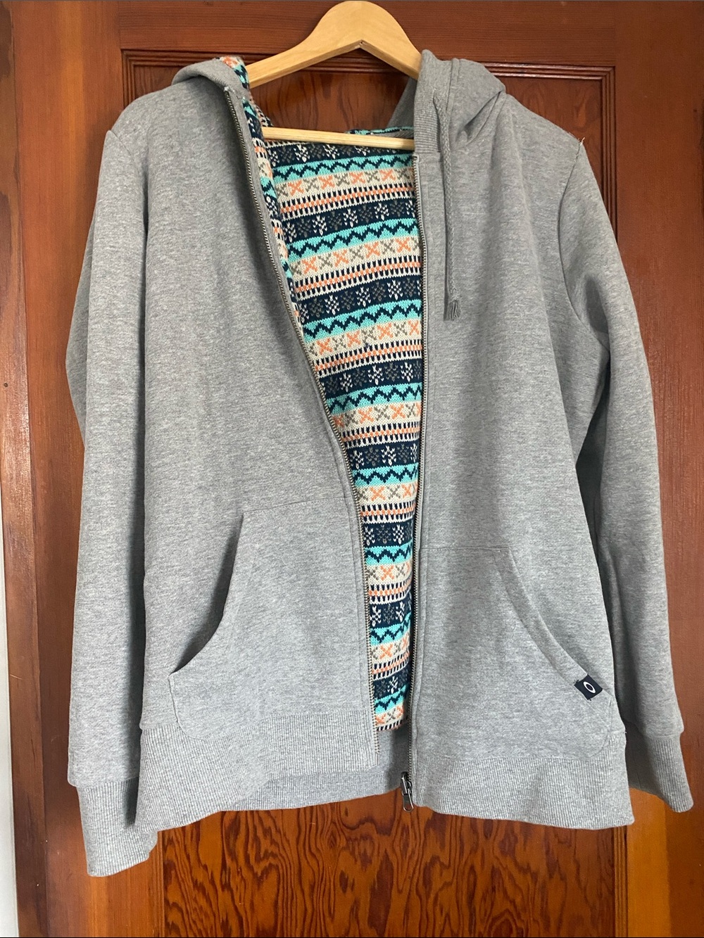 Reversible Oakley Gray Zip Hoodie with Blue and Aqua Patterned Front - Picture 2 of 2